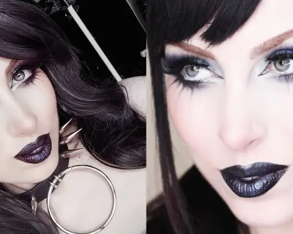 Maquillaje gótico sencillo con sombras moradas y negras, delineado dramático y labios oscuros.