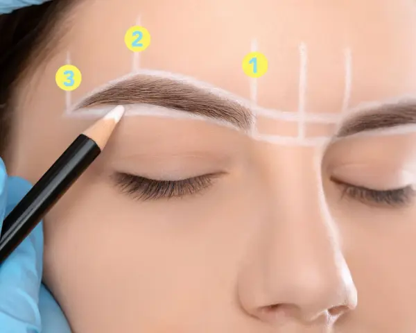Guía para depilarse las cejas: un lápiz marca el contorno, con números indicando puntos clave.