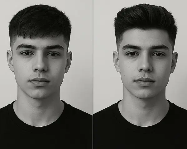 Dos retratos de un joven con cortes de pelo diferentes: uno con flequillo y un desvanecido bajo, el otro con el pelo peinado hacia arriba y un desvanecido bajo.
