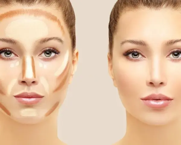 Demostración de un **contouring tutorial**: antes y después de aplicar maquillaje para definir el rostro.