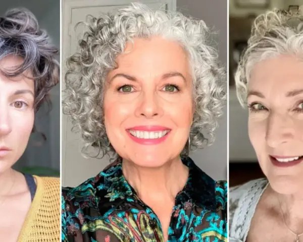 Tres mujeres con cortes de pelo rizado, mostrando estilos modernos para mujeres de 60 años.