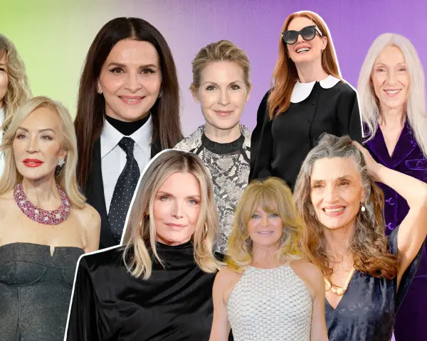 Inspiración de peinados para madrinas de 60 años: mujeres elegantes con estilos variados, desde cabello largo y suelto hasta recogidos sofisticados.