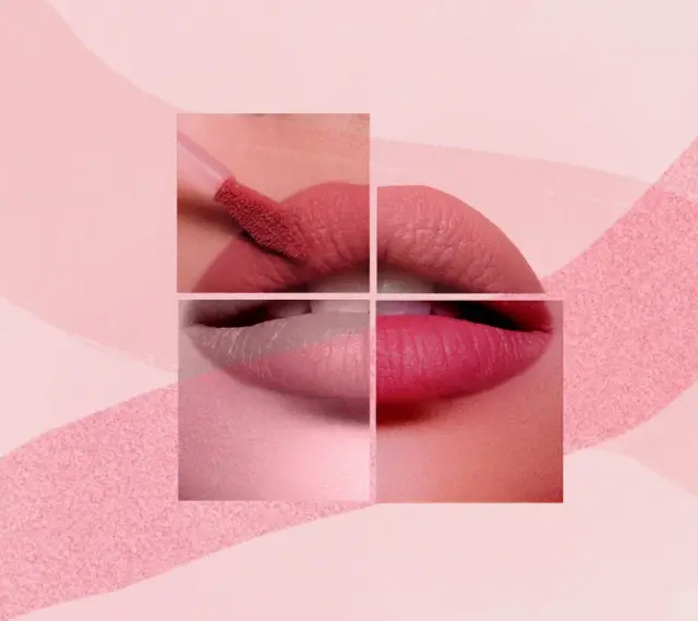 Labios en tonos rosados y rojos, con aplicador de labial. Un collage que evoca la dulzura de los cherry lips.