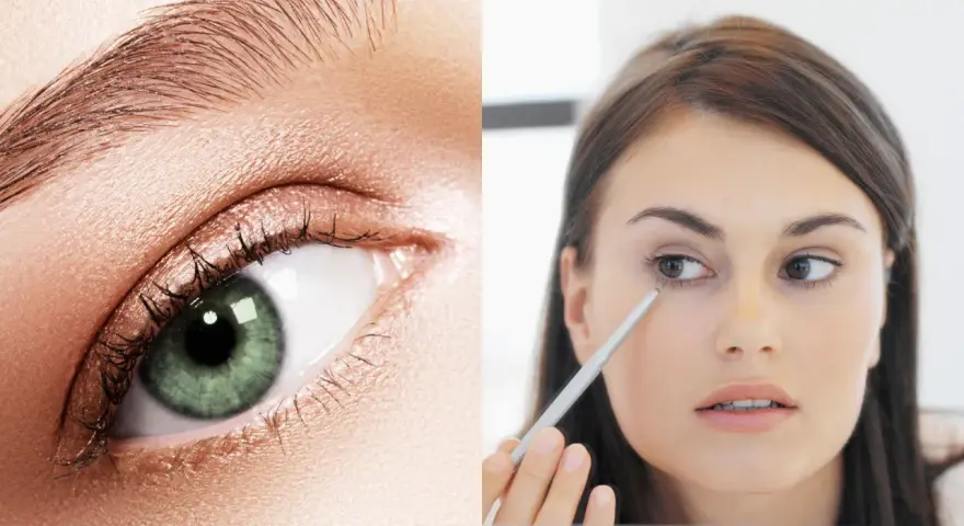 Primer plano de un ojo verde con maquillaje y una mujer aplicándose delineador para realzar los brillos de sus ojos.