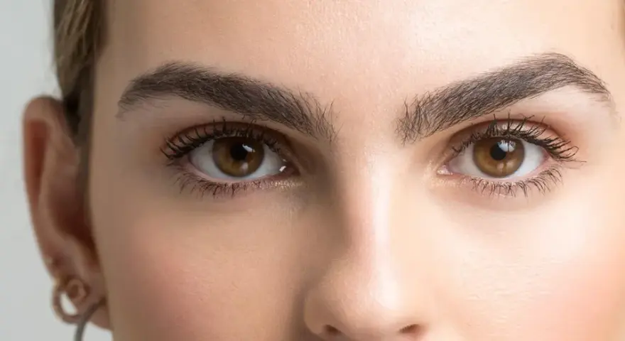 Ojos marrones y cejas pobladas, un ejemplo de cómo dar forma a las cejas para un look natural y definido.