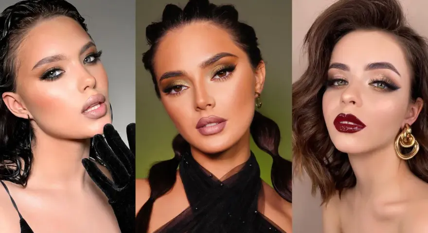 Tres looks de maquillaje para vestido negro: ojos ahumados, dorados y labios rojos intensos.