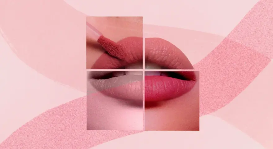 Labios en tonos rosados y rojos, con aplicador de labial. Un collage que evoca la dulzura de los cherry lips.