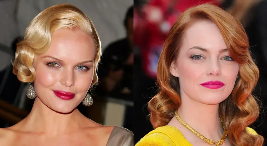 Dos mujeres con peinados años 20: una rubia con ondas marcadas y otra pelirroja con rizos elegantes.