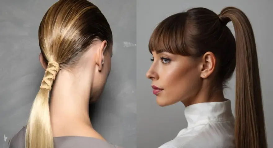 Dos peinados: una cola alta con trenza elegante y otra cola alta pulida.