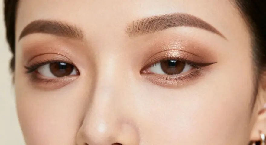 Ojos con un sutil maquillaje ahumado natural, delineado fino y cejas definidas.