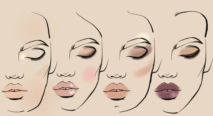 Ilustración de cuatro rostros con diferentes maquillajes de cara, mostrando sombras de ojos, rubor y labiales variados.