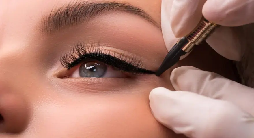 Ojo con delineado **puppy eyeliner** perfecto, realizado con precisión.