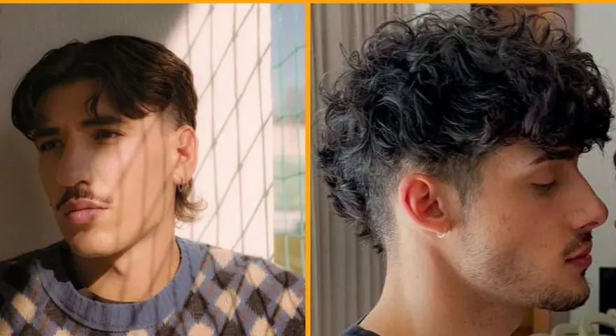 Dos hombres lucen diferentes tipos de mullet: uno con pelo liso y flequillo, otro con rizos y rapado lateral.