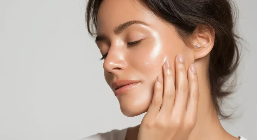 Piel radiante con un brillo saludable, que es glow. La mujer se toca la mejilla con delicadeza.