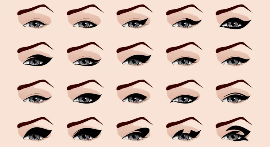 Ilustración de ojos con diferentes estilos de cat eye makeup, desde sutiles hasta dramáticos, mostrando la versatilidad del delineado.