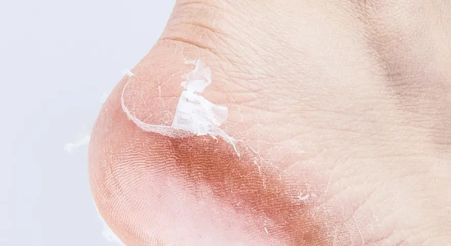 Primer plano de un talón con piel seca y descamada, mostrando por qué se pelan los pies.