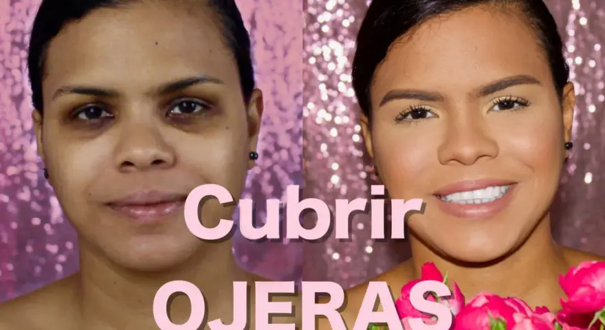 Antes y después: aprende como disimular las ojeras oscuras sin maquillaje. Rostro radiante con flores rosas.