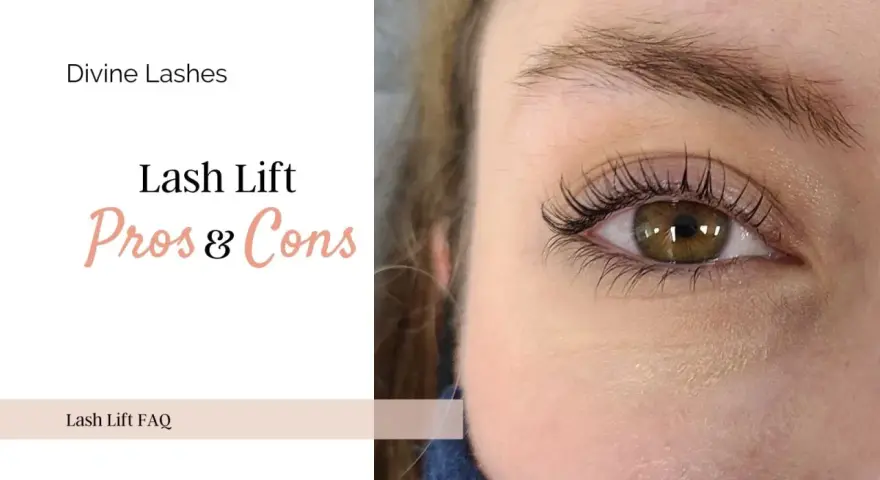 Ojo con pestañas levantadas, texto "Lash Lift Pros & Cons". Considera las desventajas del lifting de pestañas antes de decidir.