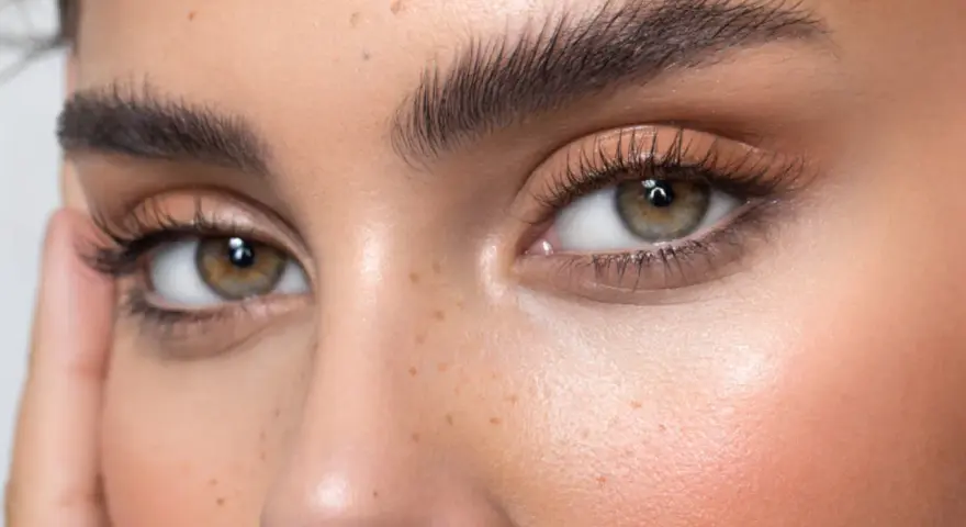 Ojos expresivos con pestañas largas y cejas perfectamente definidas tras un tratamiento de teñir cejas. Piel con pecas y rubor sutil.