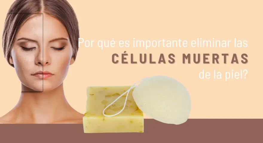 Rostro dividido mostrando el antes y después de eliminar células muertas de la piel. Jabón y esponja de exfoliación.