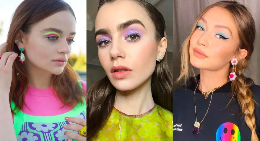 Tres looks de maquillaje de ojos colorido: neón vibrante, lavanda soñador y turquesa audaz.