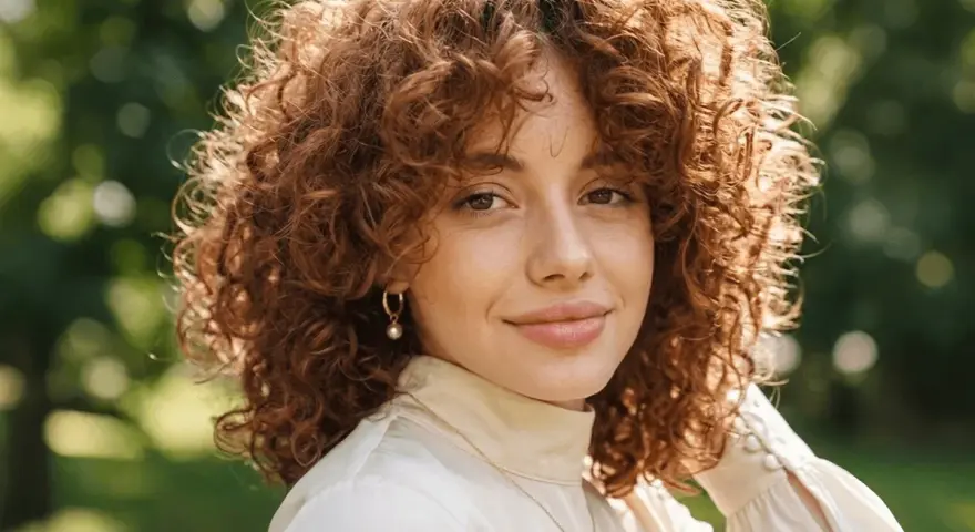 Mujer sonríe con cabello rizado y pelirrojo, luciendo cortes para pelo ondulado que realzan su volumen y textura.
