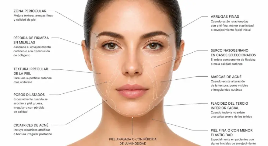 Mujer con zonas faciales marcadas, indicando problemas de piel y posibles tratamientos de radiofrecuencia.