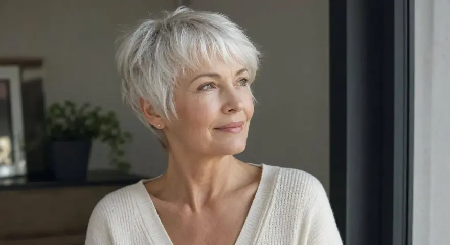 Mujer con pelo corto blanco moderno, sonríe mirando a la ventana.