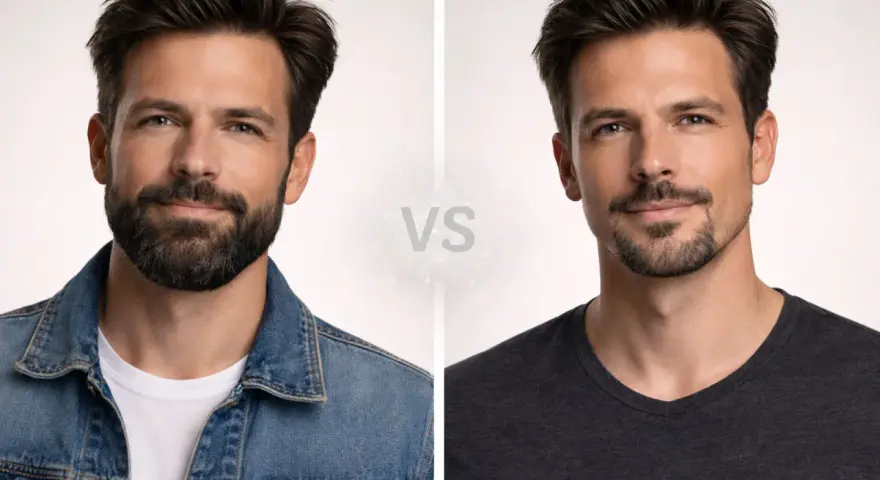 Hombre con bigote y perilla, comparando dos estilos de barba.