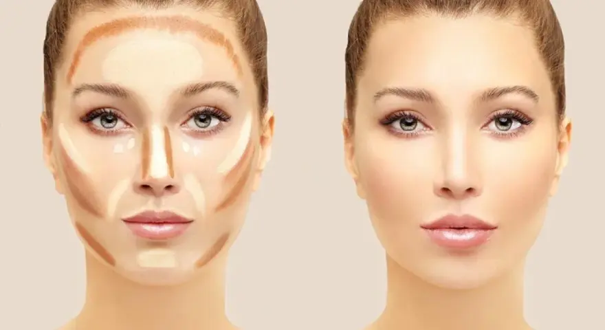 Demostración de contorno facial: antes y después. El lado izquierdo muestra la aplicación de maquillaje para definir los pómulos y la nariz. El lado derecho muestra el resultado final.