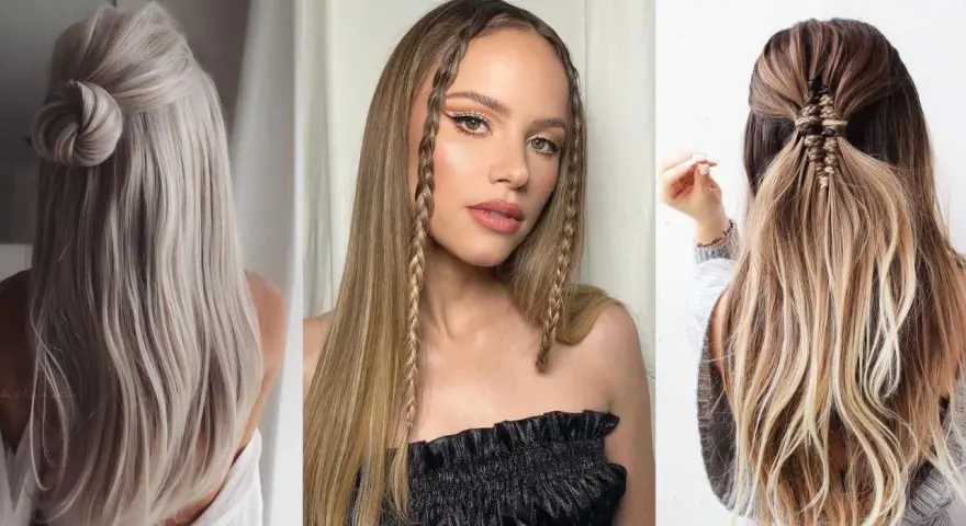 Peinados aesthetic: moño alto pulido, trenzas finas enmarcando el rostro y recogido trenzado con detalles.