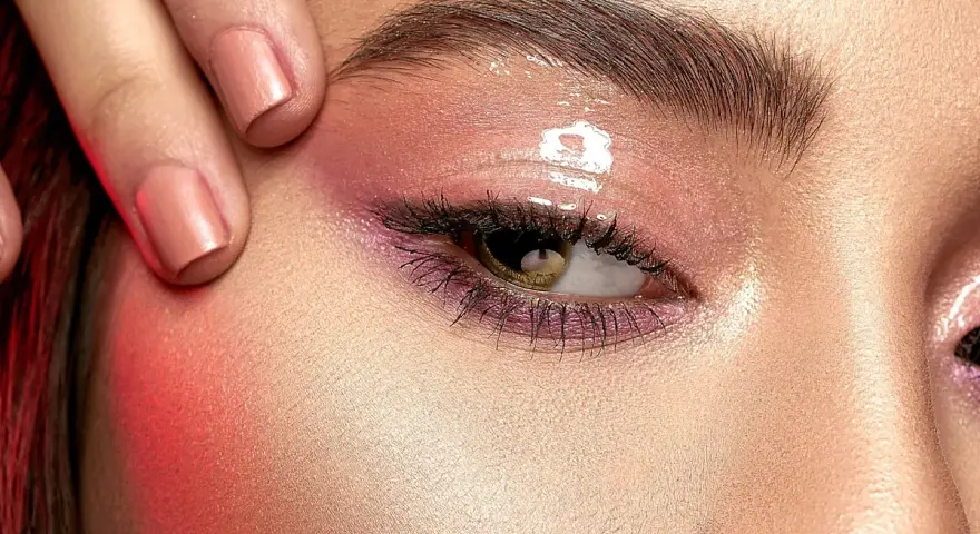 Ojo con maquillaje rosa brillante y cejas laminadas. ¿Cuánto dura el laminado de cejas?