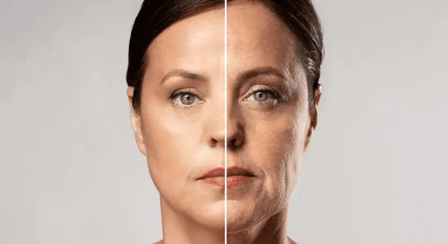 Comparación de un rostro joven y tonificado con uno envejecido, mostrando el efecto del tiempo y la posibilidad de tonificar cara.