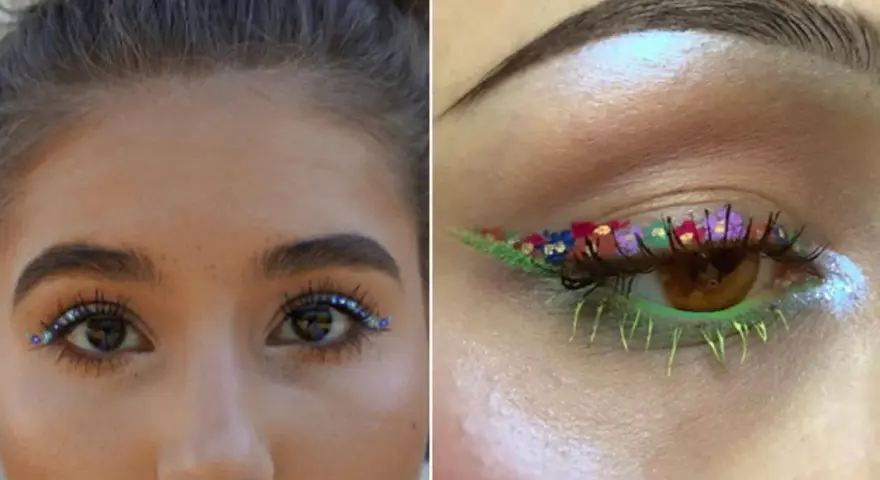 Ojo maquillaje hippie con flores y brillos. Delineado verde con pétalos de colores y pestañas inferiores neón.