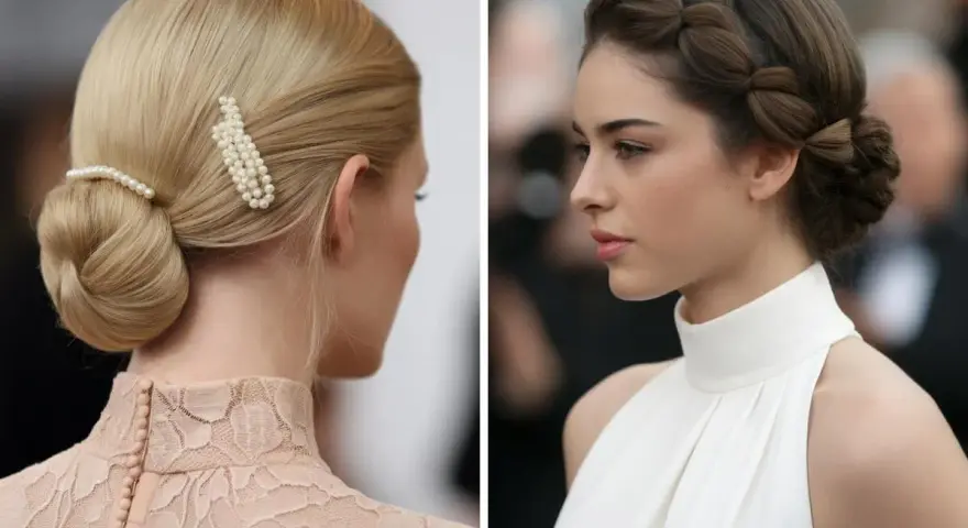 Dos mujeres con peinado elegante y vestido de cuello alto. Una luce un moño bajo con pasadores de perlas, la otra una trenza elaborada.