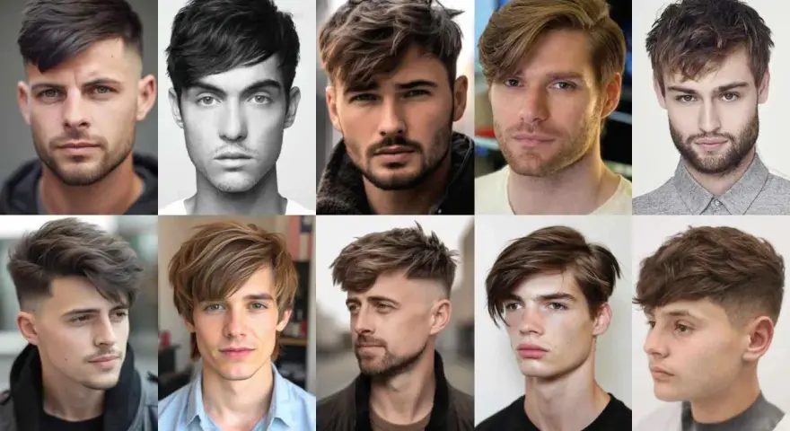 Collage de hombres con diversos diseños corte de pelo hombre, desde degradados modernos hasta estilos con flequillo y texturas variadas.
