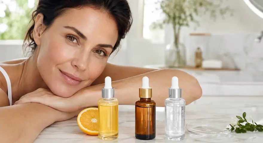 Rutina de belleza: retinol por la noche y vitamina c por la mañana. Mujer sonriente con tres frascos de suero y una rodaja de naranja.