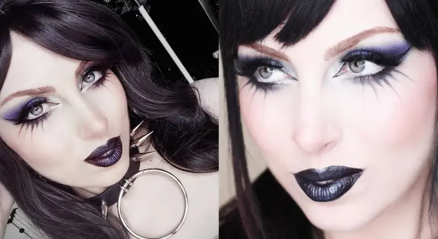 Maquillaje gótico sencillo con sombras moradas y negras, delineado dramático y labios oscuros.