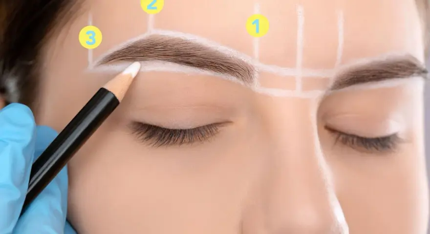Guía para depilarse las cejas: un lápiz marca el contorno, con números indicando puntos clave.