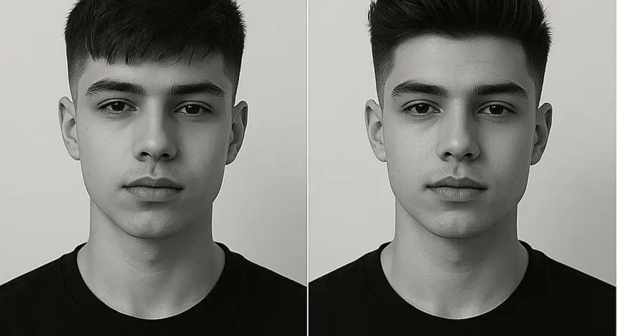 Dos retratos de un joven con cortes de pelo diferentes: uno con flequillo y un desvanecido bajo, el otro con el pelo peinado hacia arriba y un desvanecido bajo.