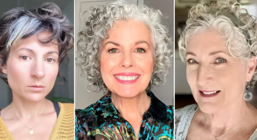 Tres mujeres con cortes de pelo rizado, mostrando estilos modernos para mujeres de 60 años.