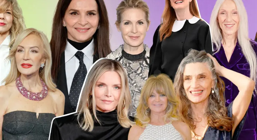 Inspiración de peinados para madrinas de 60 años: mujeres elegantes con estilos variados, desde cabello largo y suelto hasta recogidos sofisticados.