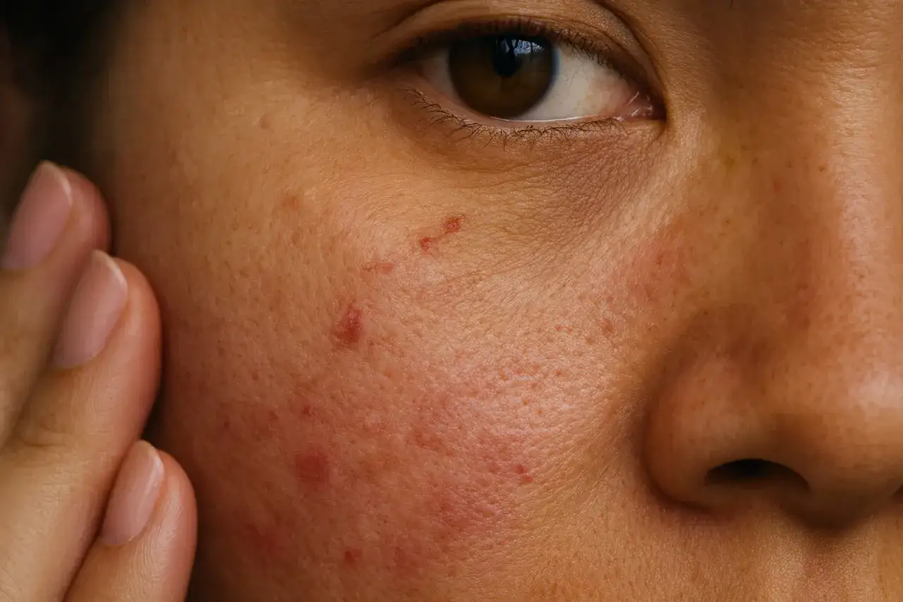 Primer plano de piel con imperfecciones, poros visibles y algunas rojeces. Se aprecian peque&ntilde;as marcas que podr&iacute;an ser c&eacute;lulas muertas de la piel acumuladas.