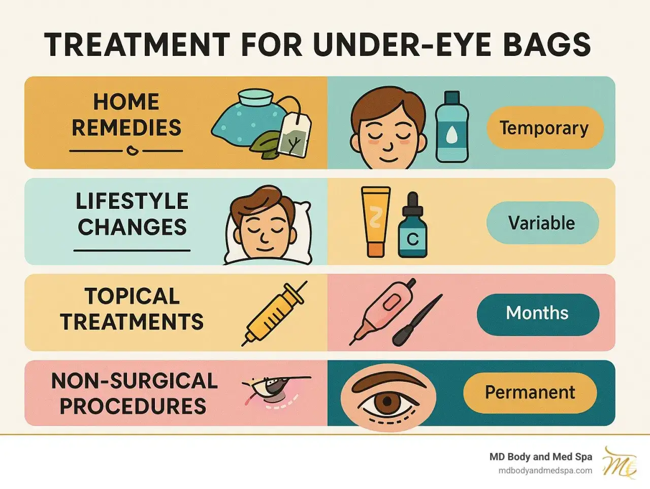 Infografía sobre tratamientos para bolsas en ojos: remedios caseros, cambios de estilo de vida, tratamientos tópicos y procedimientos no quirúrgicos.