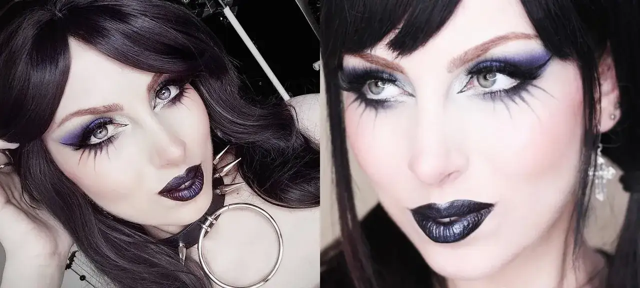 Maquillaje gótico sencillo con labios oscuros y sombras moradas dramáticas.
