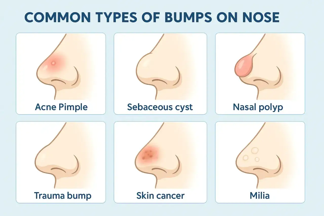 Ilustración muestra varios tipos de granos en la nariz: acné, quiste sebáceo, pólipo nasal, bulto por trauma, cáncer de piel y milia.