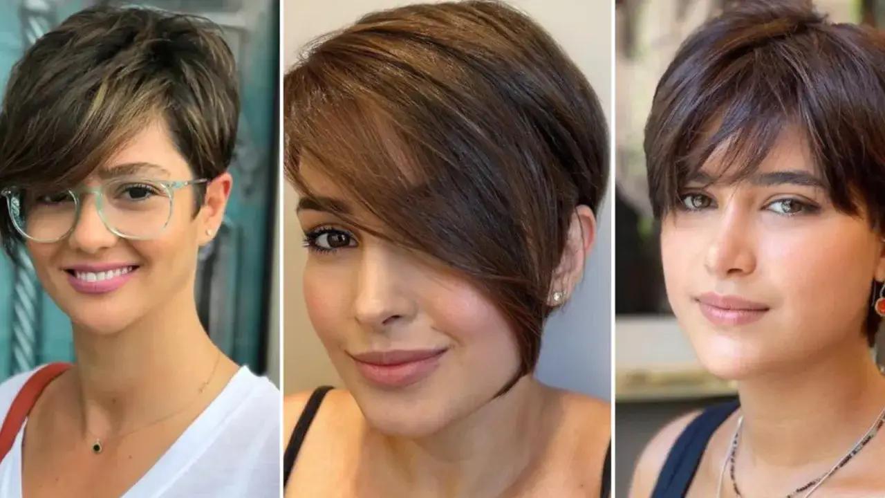 Tres mujeres con cabello corto y cara redonda lucen peinados modernos y favorecedores.