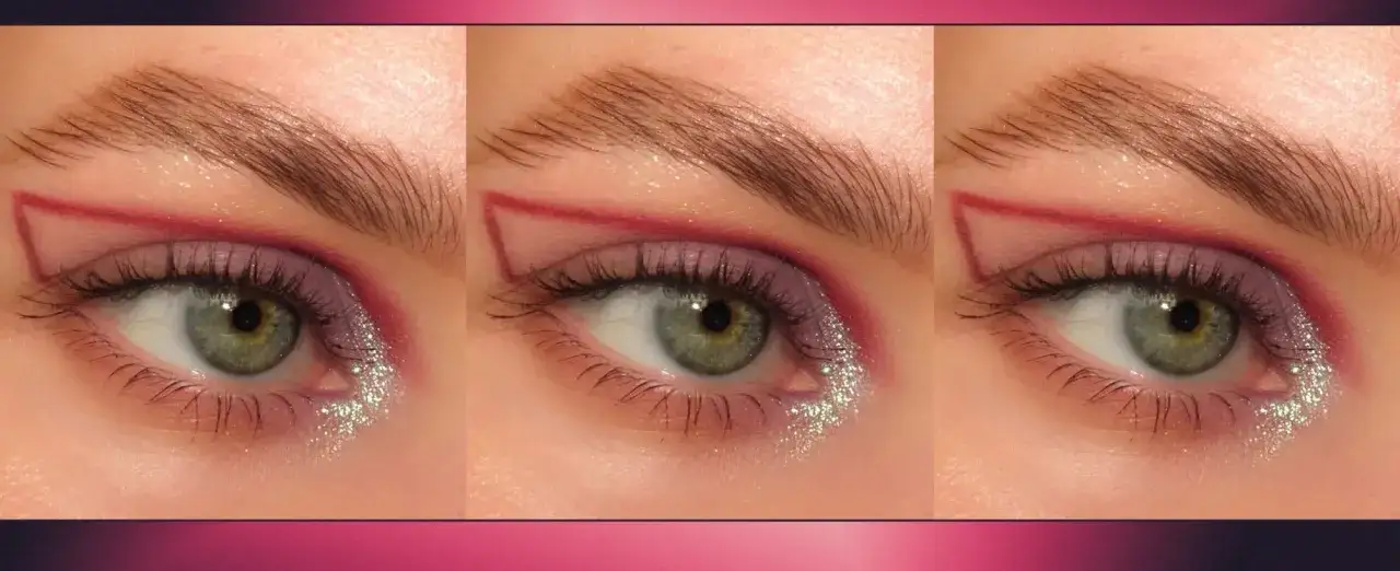 Ojo con maquillaje de ojos colorido: sombra lila, delineado rojo geométrico y glitter plateado.