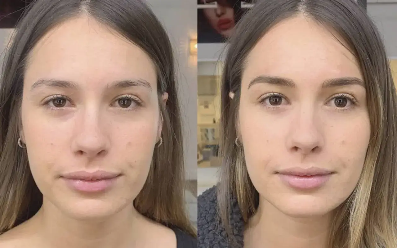 Antes y despu&eacute;s de un maquillaje que realza la mirada con cejas ascendentes, logrando un efecto m&aacute;s definido y juvenil.