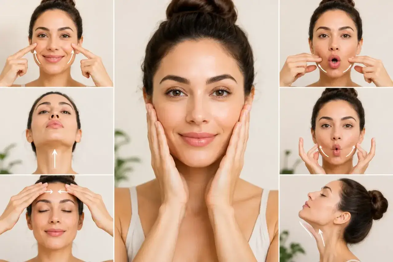 Demostración de ejercicios faciales para tonificar y rejuvenecer. Comprueba cómo la gimnasia facial funciona para una piel radiante.